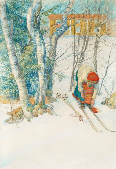 Mädchen schnallt sich die Skier an von Carl Larsson